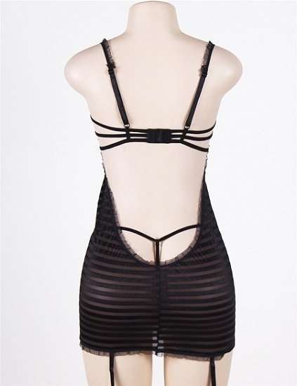 Babydoll Lingeri:Black Sexy Lace Open Back Cross Stripe