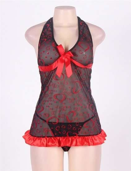 Night Dress: Hot Red Heart Print Babydoll Sleepwear
